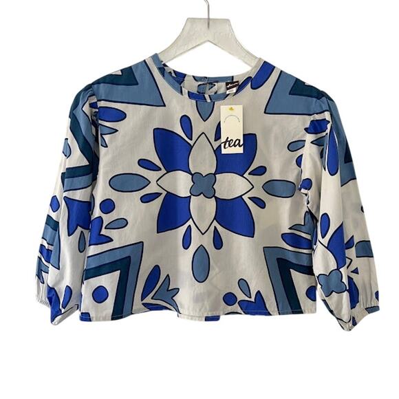 NEW! Tea Collection Kids Girls Boho Woven Top 7 Blue White Geometric Print $45 - Picture 2 of 9